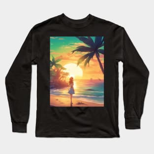 Hot Anime Girl Dream Sunset with Coconut Tree Long Sleeve T-Shirt